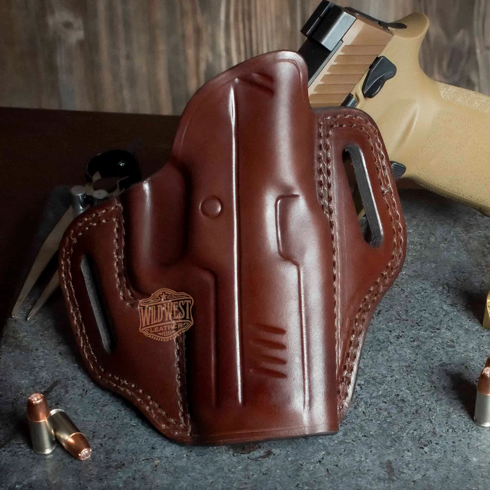 Leather OWB 2 Slot Pancake Belt Holster CCW - Open Top Gun Holster Choose Model - Image 3 of 4