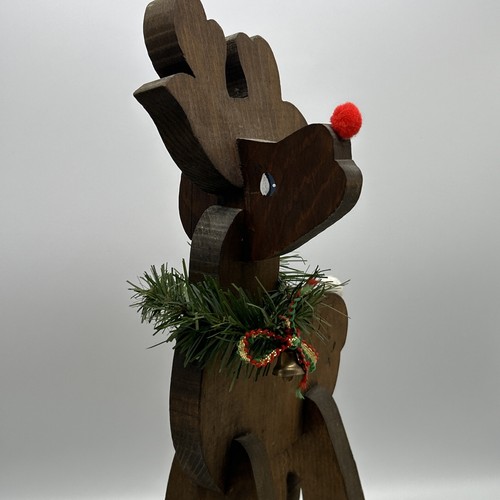 Vingage Hand Made Wooden Red Nosed Reindeer Christmas Decoration 16.5” X 7” - Picture 3 of 13