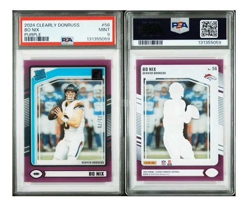 2024 Panini Clearly Donruss Rated Rookie Bo Nix #56 Purple 73/75 (RC) PSA 9