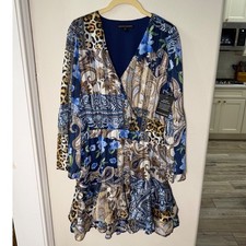 Boston Proper Mixed Print Mini Dress Blue Leopard Paisley Boho Bohemian New S