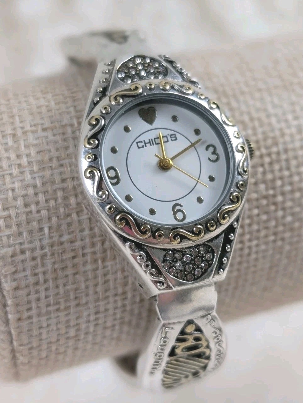 Chico’s Heart Cuff Watch Silver Gold Tone Rhinestone Bangle Quartz