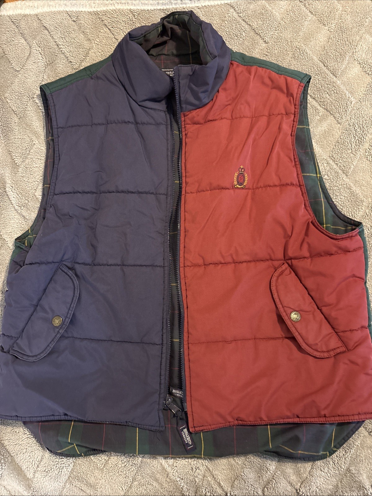 Vintage Bugle Boy Reversible Puffer Vest Navy Red Colorblock Plaid Men’s Size XL