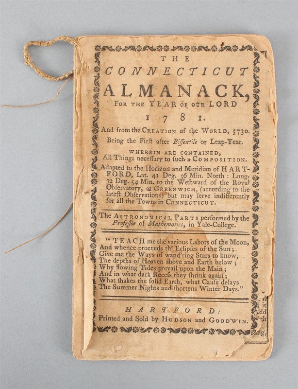 RARE Antique 18thC Hudson & Goodwin, Connecticut Almanac 1781, Astronomy Parts