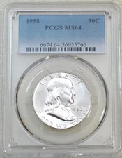 1958 P Franklin Half Dollar PCGS MS64 99% FBL White Frosty Luster PQ #P202Z