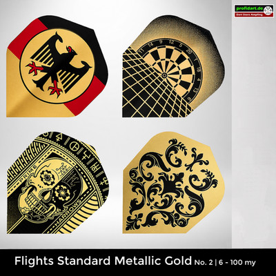     Premium Dart Flights Standard Metallic Gold 100 Micron 4 Designs   9 Stück