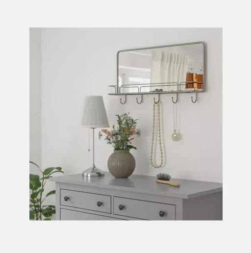 Ikea SYNNERBY Mirror with shelf and hooks, Steel, Glass, gray, 28×15" NEW - Image 3 of 4