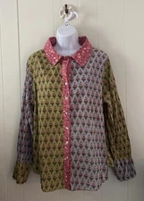 Tulip Clothing Gretchen Button Down Shirt Giving Tree Floral Block Print Sz L