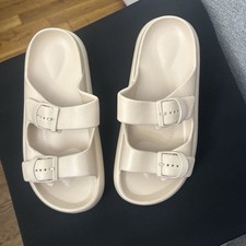 Women s Beige Slide Sandals Double Buckle Adjustable Straps Solid Casual Flat