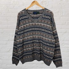 Vintage Etchings Sweater Wool Blend Geometric Grandpa Knit V-Neck Mens XL