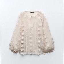 Zara Blouse Top Floral 3D Textured Sheer Long Sleeve Cream Small