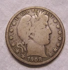 1908 Barber Half Dollar Coin, Circulated Free Shipping!