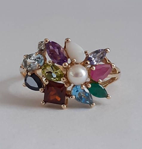 Super QVC 9ct Gold Natural Multi Gemstone Pearl & Diamond Ring Size O Gift π - Picture 13 of 22