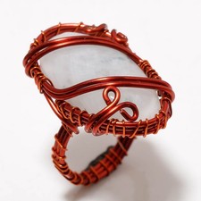 Rainbow Moonstone Gemstone Handmade Wire Wrap Copper Jewelry Ring 8.75" PG 686