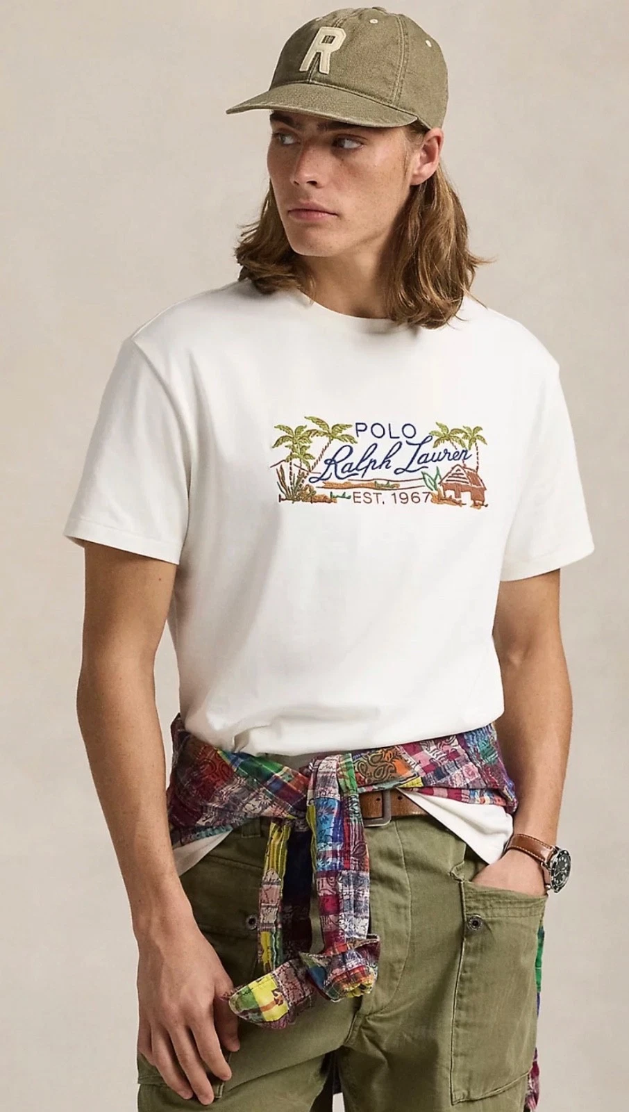 Polo Ralph Lauren Ivory PALM TREE CABIN LOGO Classic Fit Short Sleeve T Shirt