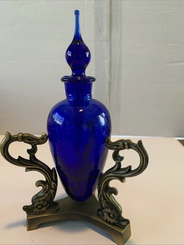 Vintage 80’s Studio Art Glass Crackle Perfume Bottle Cobalt Blue W/Stand-Blenko?