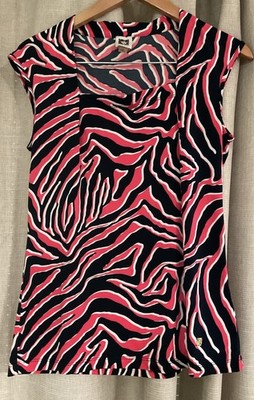 Anne Klein Abstract Square Neck Stretch Blouse Women Size S Red & Black & White