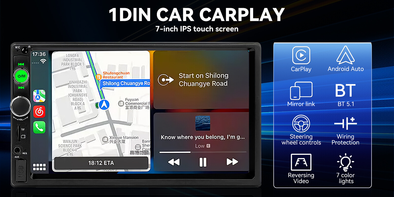 Single 1Din 7" Touch Screen Stereo Bluetooth Radio Car Apple/Android Carplay GPS