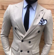 Designer Business Checked Gold Beige Suit Double Row Fitted Slim 46