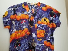 Womens Halloween Scrub Top Small Blue Cotton V Neck SS Pumpkins Skeletons Ghost