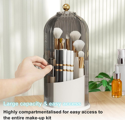 Makeup Brush Organizer Toothbrush Holder with Transparent Door Lid, 360 Rotating