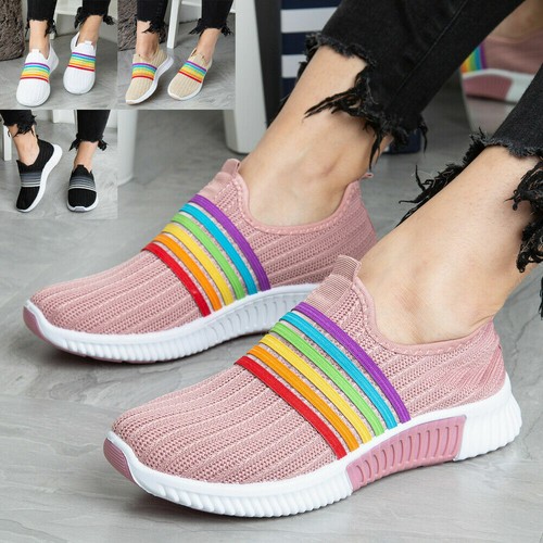 Womens Ladies Rainbow Trainers Sneakers Slip On Knit Jogging Plimsole Gym Shoes - Picture 12 of 25