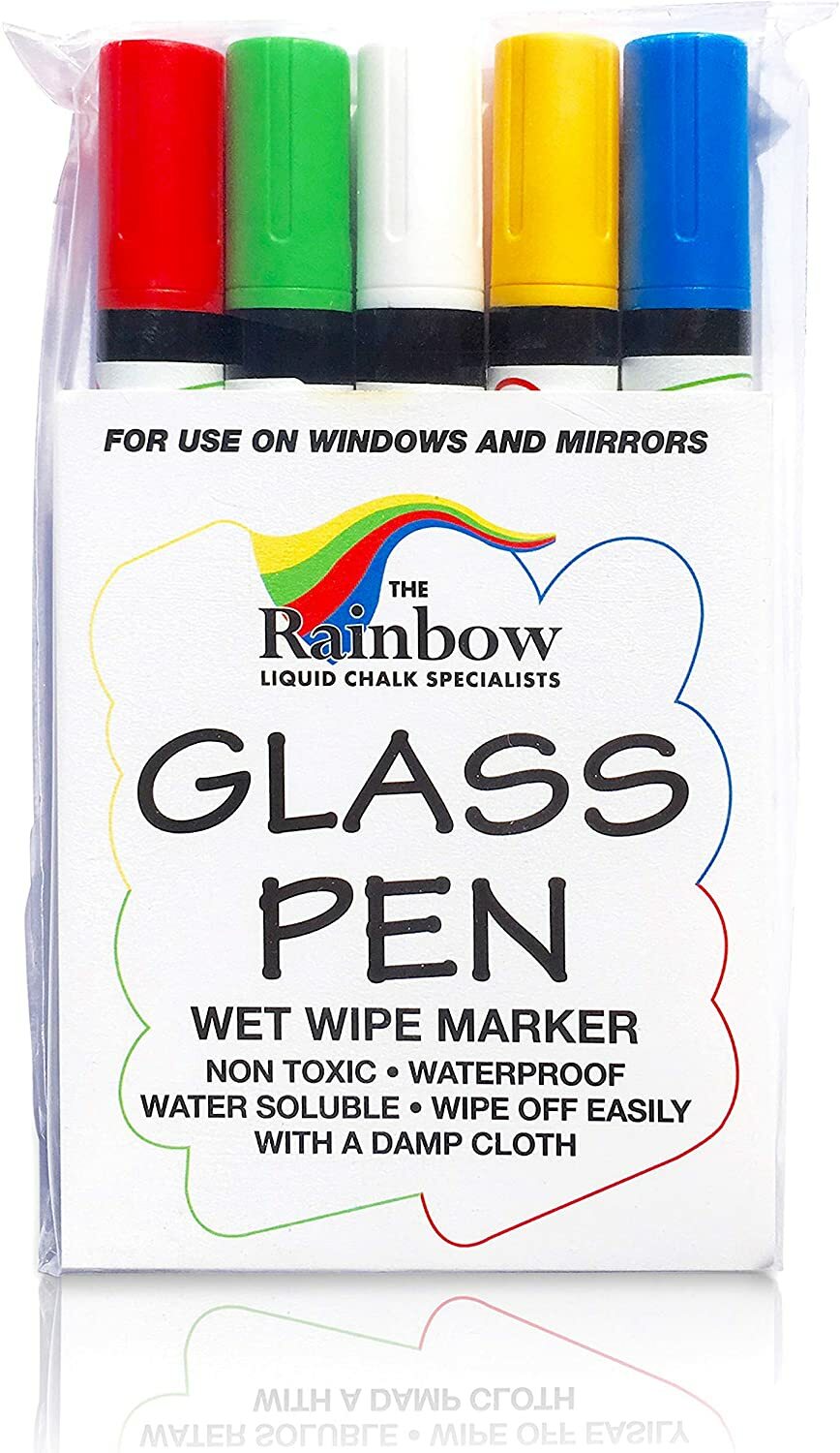 Glass Pen Liquid Paint Marker: Red, Yellow, Blue, Green, White 5 Pack - Glass Wr
