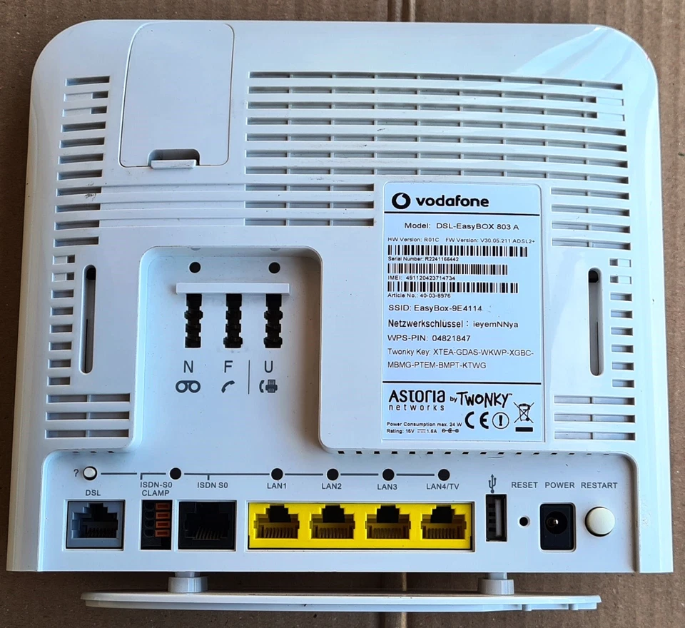Router Vodafone EasyBox 803 A-DSL VDSL 100 Mbps WLAN RDSI + fuente de alimentación Foto 4 de 4