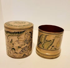 Vintage Antique Hand Crafted Lacquer Paper Mache Painted Cylinder Lidded Tea Box
