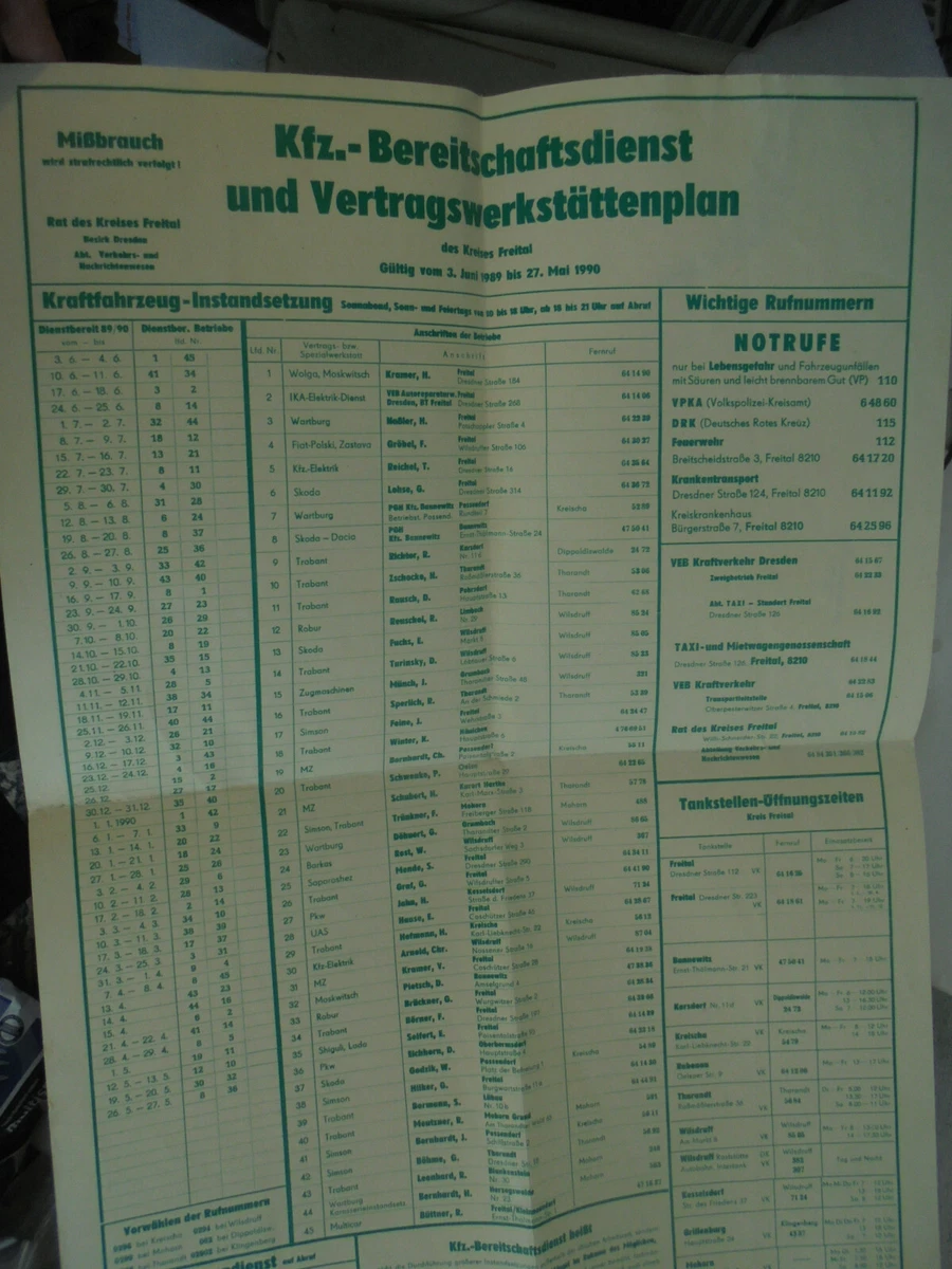 33201 DDR Plakat Kr. Freital KFZ Bereitschaftdienst Vertragswerkstättenplan 1989