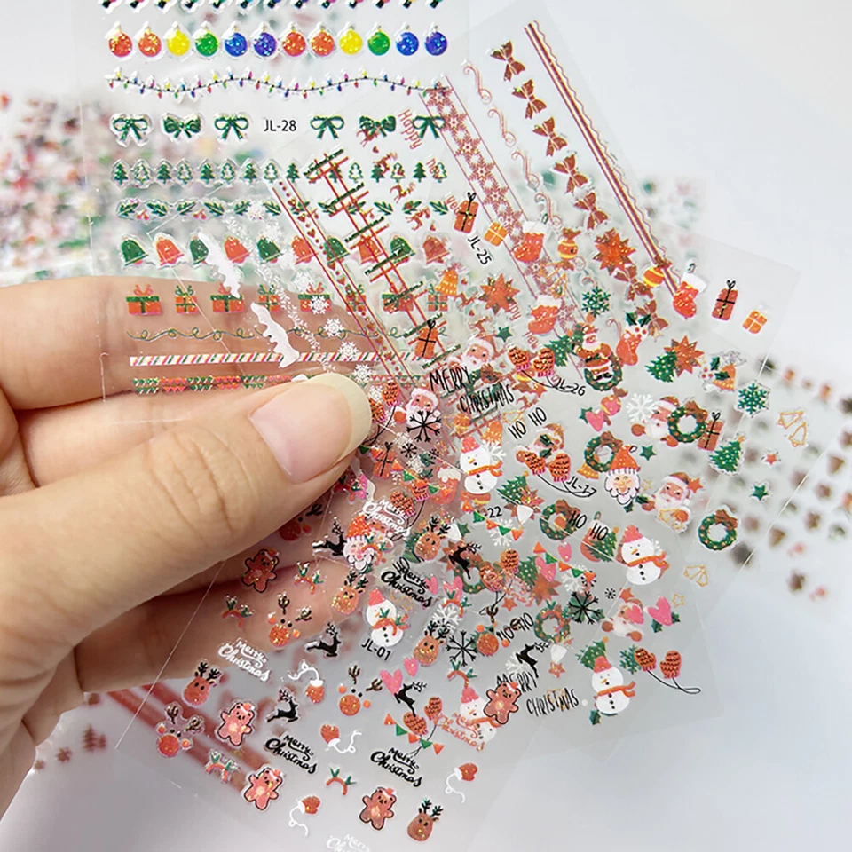 Pegatinas de uñas con patrón de copos de nieve de Navidad dibujos animados Papá Noel diseño 3D uñas Foto 3 de 4