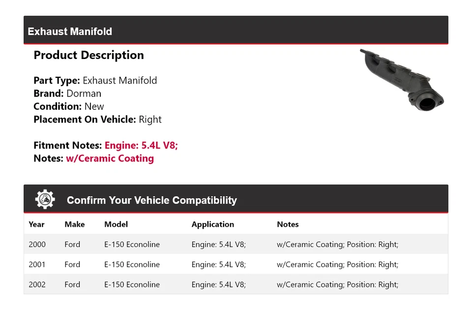 Colector de escape derecho Dorman 2001 para Ford E-150 Econoline 2000-2002 5,4 L V8 Foto 2 de 4