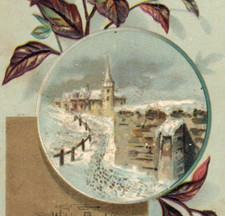 C1905 Christmas Leaves Castle Snow Footsteps Emboss Gilt Border Vintage Postcard