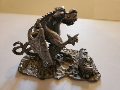 Vintage Pewter DRAGON & Treasure Chest Figurine 3'' x 4 3/4''