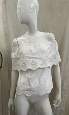 PARISIAN Brand White Eyelet Lace Off Shoulder Scalloped Peasant Blouse Sz S