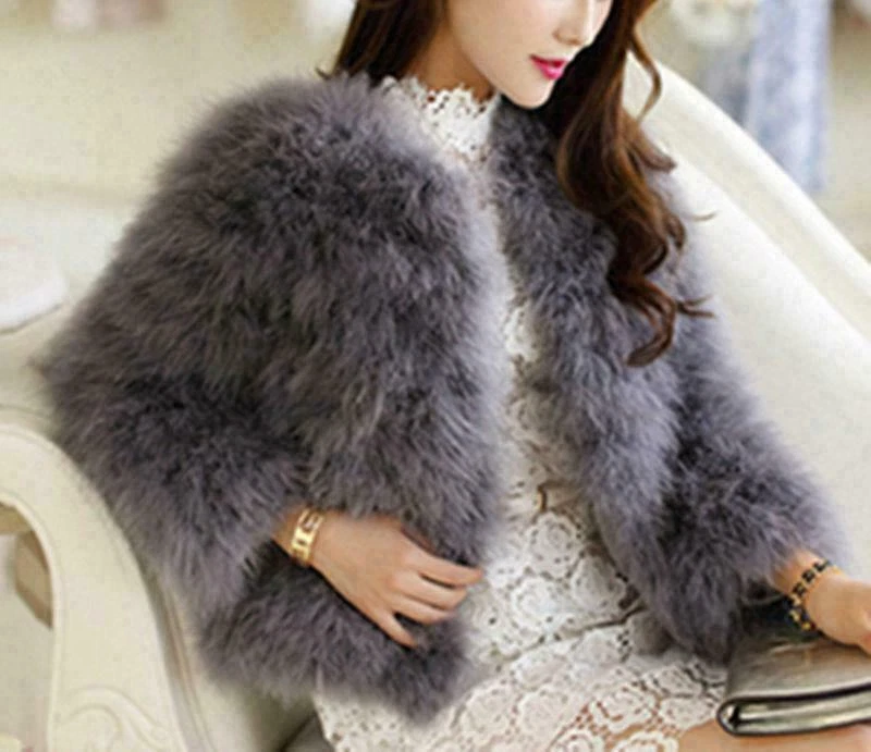 Lady Ostrich Feather Faux Fur Short Coat Shrug Short Jacket Wedding Party Bridal