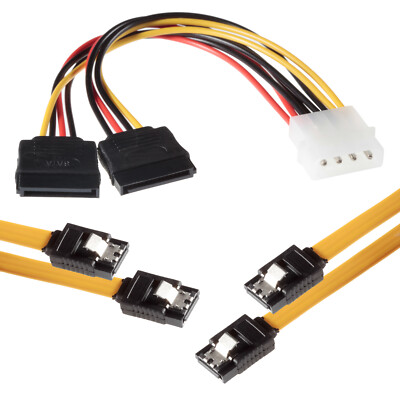 Poppstar 2x 0,5m Sata 3 Datenkabel in gelb Stecker gerade + 4pin Molex zu 2xSATA