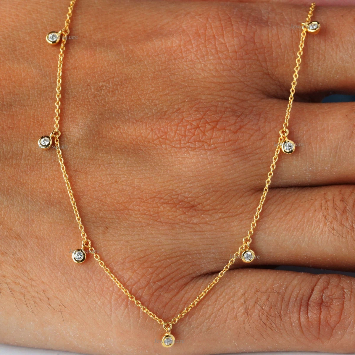 Natural 7 Diamonds Drop Choker Pendant Chain Necklace With Solid