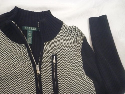 Lauren Women M Herringbone Black White Sweater Cardigan Zip Ribbed Colorblock - Picture 16 of 19