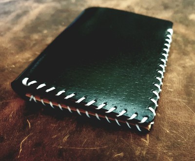 Black Genuine Leather Slim Front Pocket Wallet.  Handmade. Black/Beige.