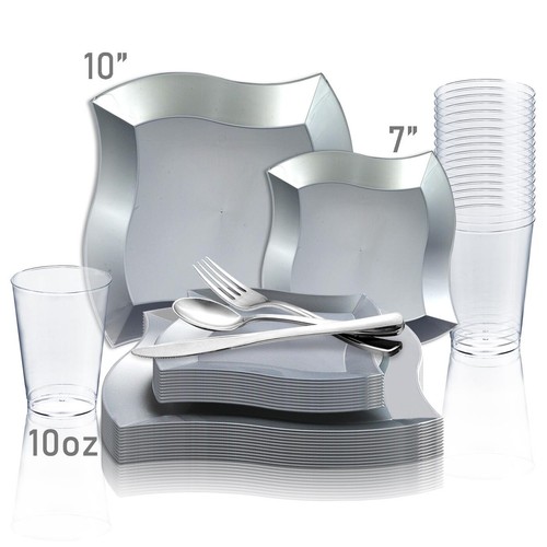 Disposable Plastic Dinnerware Set Party Package Square Wave Design Dinner Plates - Picture 37 of 57