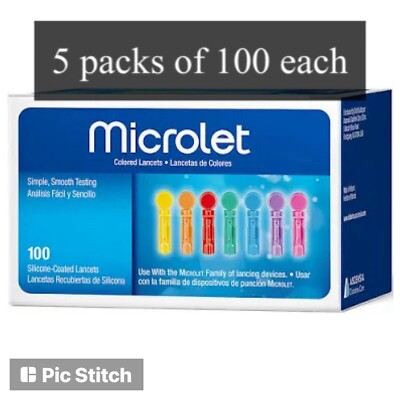 Bayer Microlet Colored Lancets Silicone-Coated Smooth Testing 100 Each Pack of 5