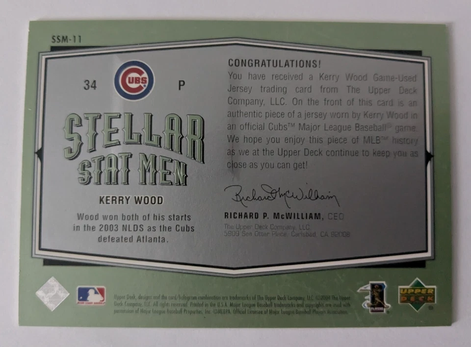 2004 Upper Deck Vintage KERRY WOOD Stellar Stat Men Game Used Jersey! CUBS! - Image 2 of 2