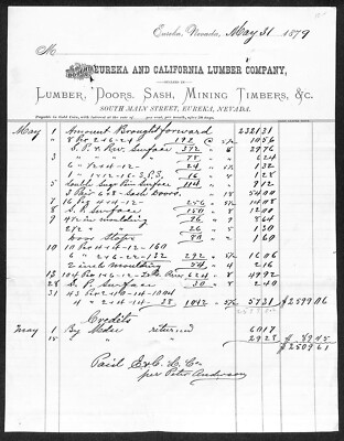 Eureka and California Lumber Co. Mining Timbers 1879 Statement / Letterhead VGC
