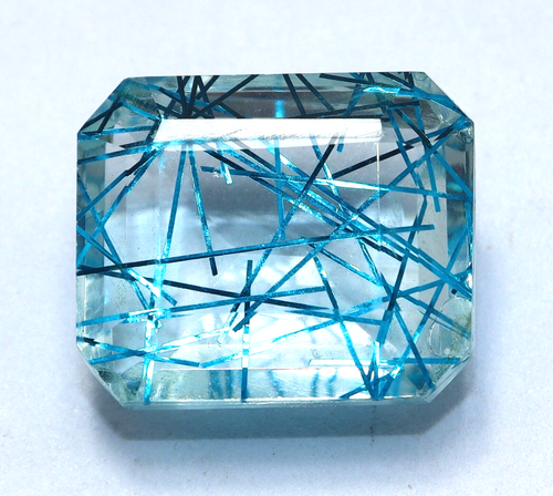 23 Ct Natural Sky Blue Rutilated Quartz Emerald Cut Certified Doublet Gemstone - Picture 3 of 7