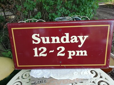 Original Vintage englisches Holz bemaltes Pub Wandrelief Schild Sonntag 12 - 14 Uhr