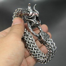 Stainless Steel Silver Heavy Chinese Dragon Head Franco Box Cuban Chain Bracelet