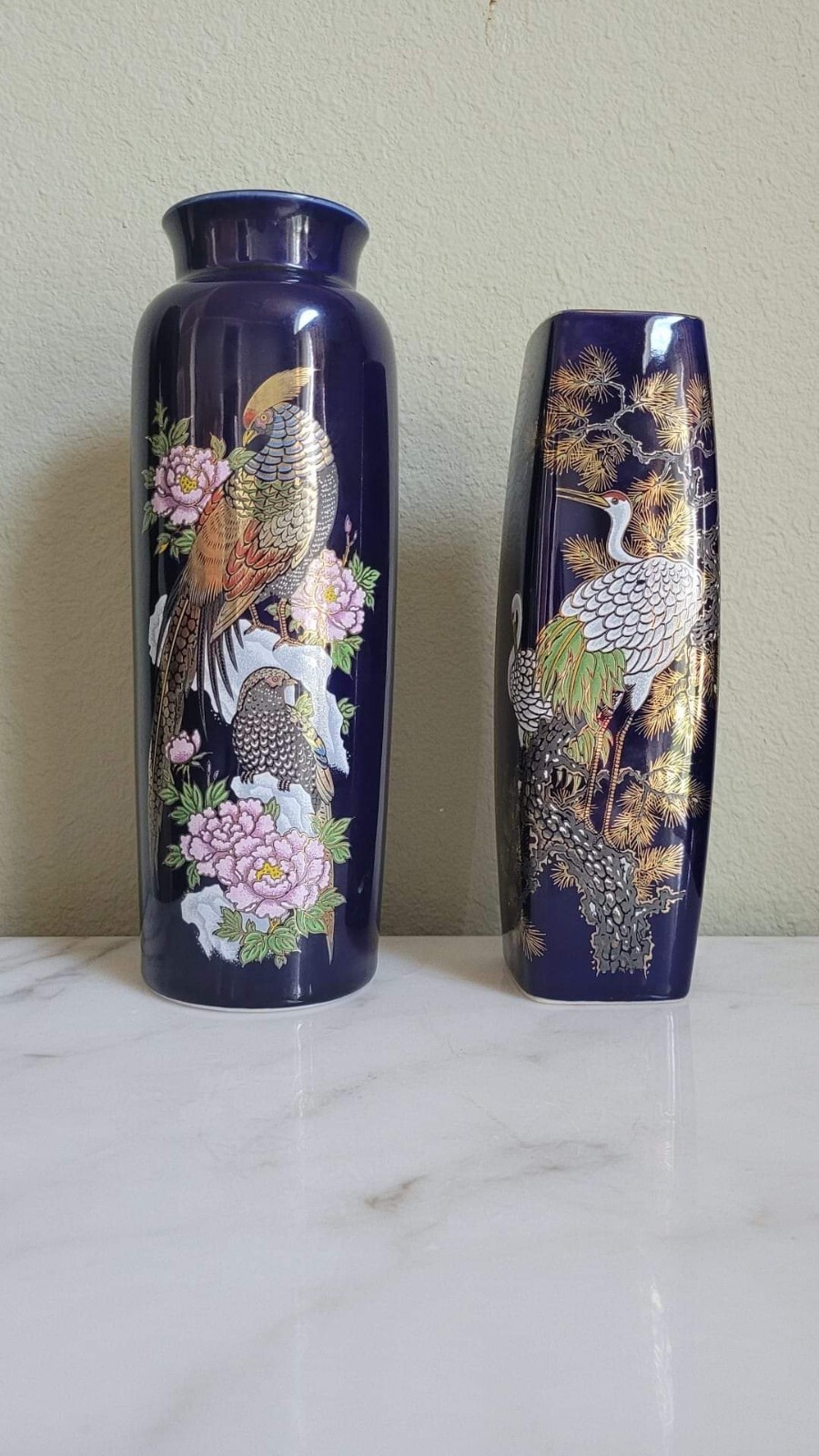 VTG SET KATANI COBALT BLUE PEACOCK STORK PORCELAIN JAPANESE JAPAN VASES INTERPUR