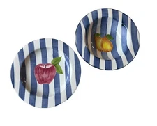 Los Angeles Pottery Laurie Gates Bowl & Plate Set Apple/Pears White/Blue Stripes