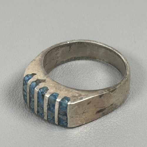 Vintage 925 Sterling Silver Navajo Ring Blue Turquoise Chip Inlay 8.13g Size 6.5 - Picture 2 of 8