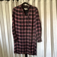 LOFT Navy Red White Plaid Shift Dress V-Neck Long Sleeve Knee Size S